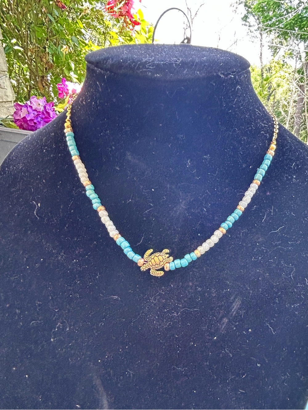 Gold Turtle Necklace with Turquoise and Cream Beads
